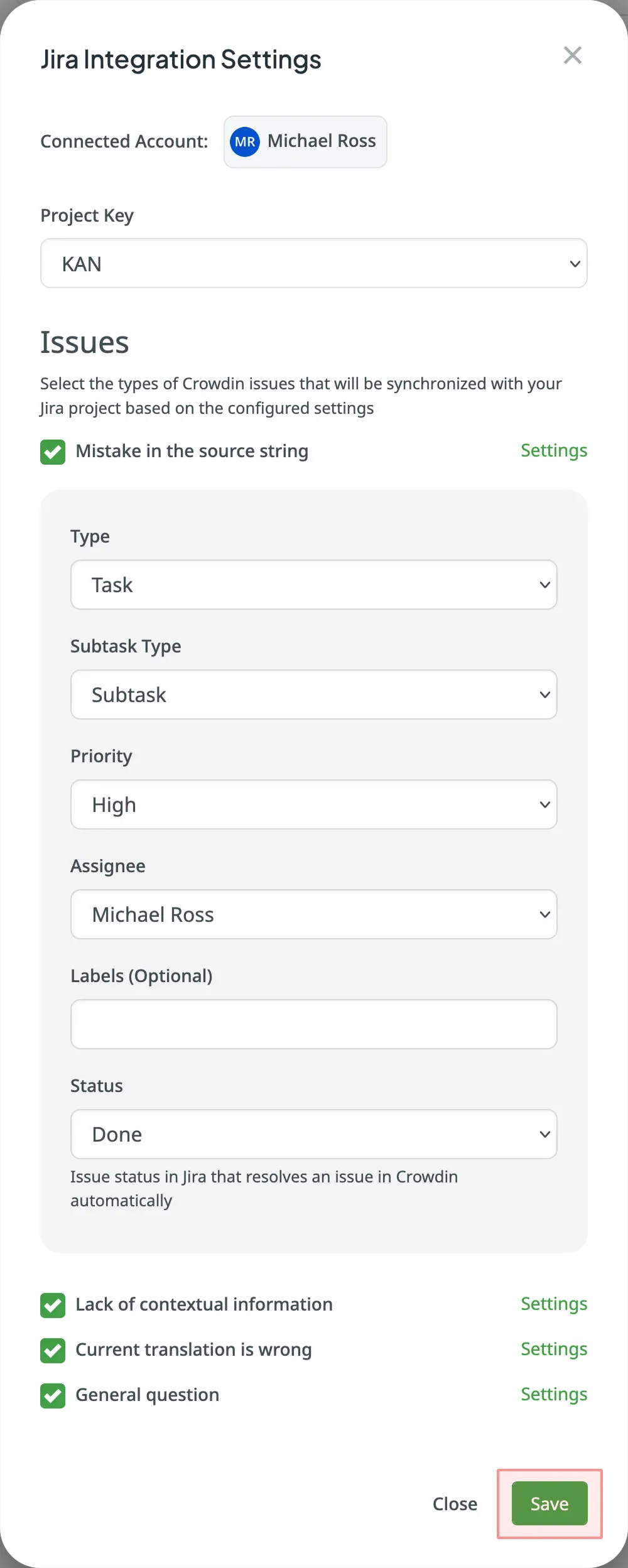 Jira-Integrationseinstellungen